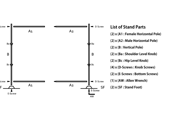 Diagram of stand parts with labeled components and a list on the right.